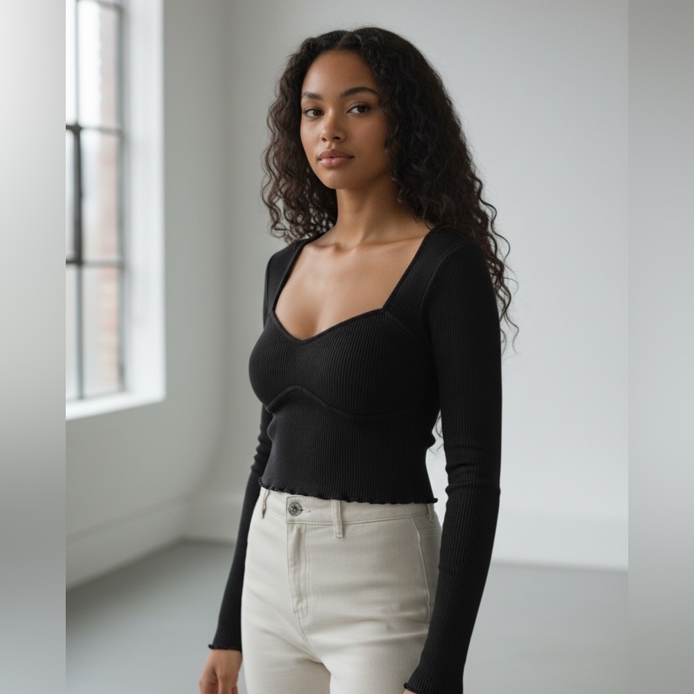 H&M Black Ribbed Corset Style Top | Long Sleeve Sweetheart Neck | Size M